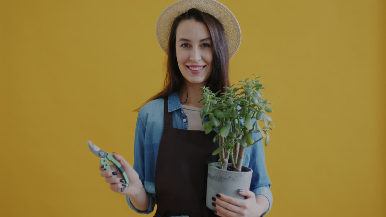 Woman with a potted plant and gardening shears