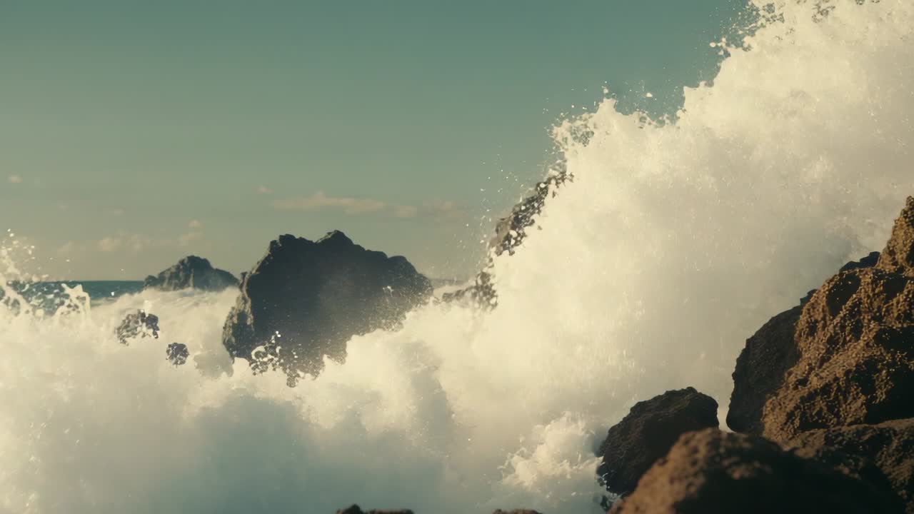 Rising ocean swell crashing into jagged lava rocks at rocky shore, releasing towering white plume