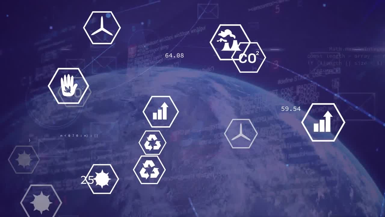 Animation of eco icons and data processing over globe