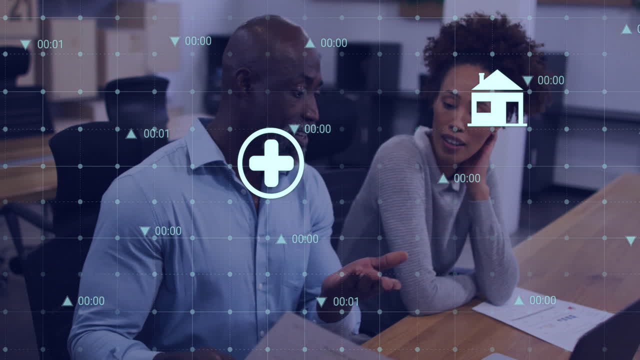 Animation of financial data processing over diverse business people in office