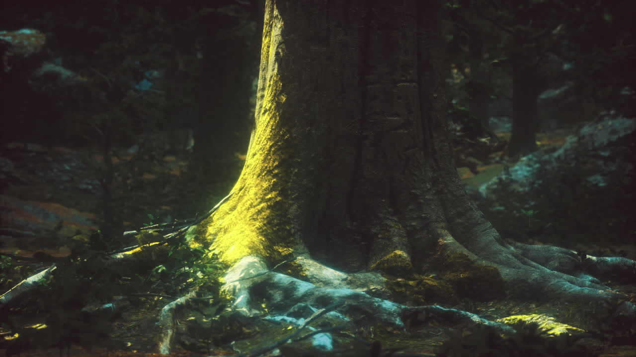 Tree trunk and roots illuminated by sunlight in a serene forest setting