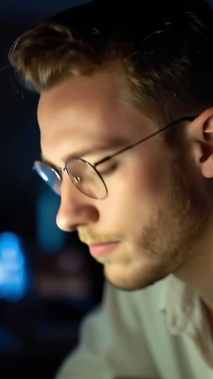 Um indivíduo pensativo intensamente engajado em profunda reflexão sob iluminação suave, destacando sua expressão focada e natureza ponderada em um ambiente com pouca luz.