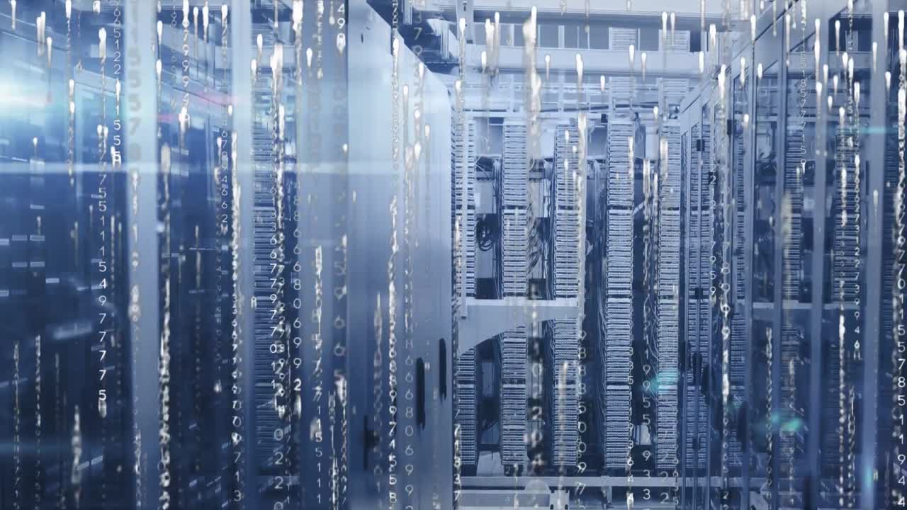 Animation of data processing and lights over servers