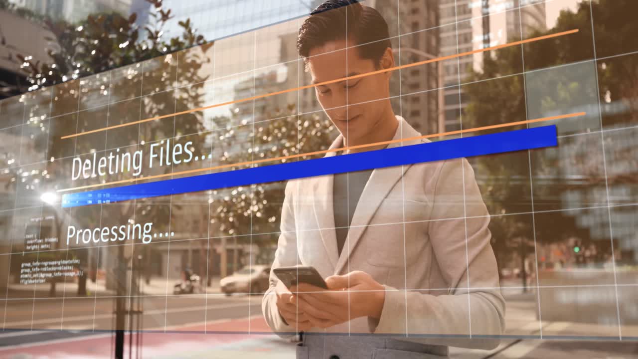 스마트 폰을 사용하는 두 인종의 사업가에 대한 데이터 처리 애니메이션