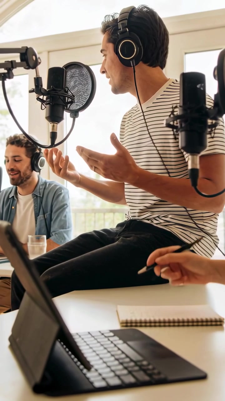 Video verticale: Conduttore appoggiato con una maglietta a righe che parla in un microfono con filtro anti-pop in studio, mentre fa podcasting.