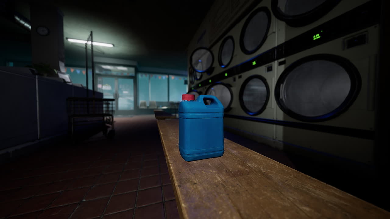 прачечная с голубой бутылкой детергента на деревянной скамейке