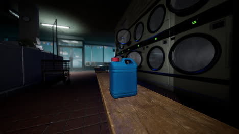 una sala de lavandería con una botella azul de detergente en un banco de madera