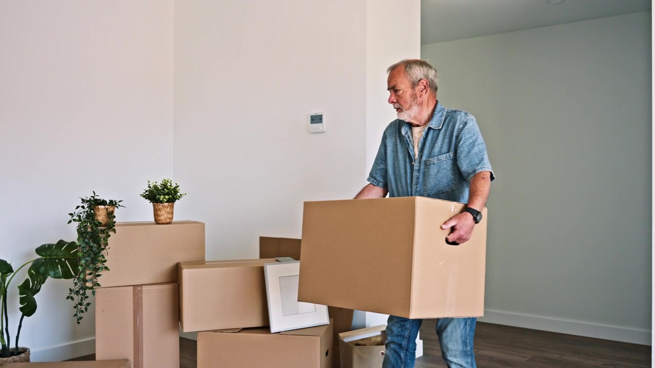 Homem idoso transportando caixa de papelão em sua nova casa.