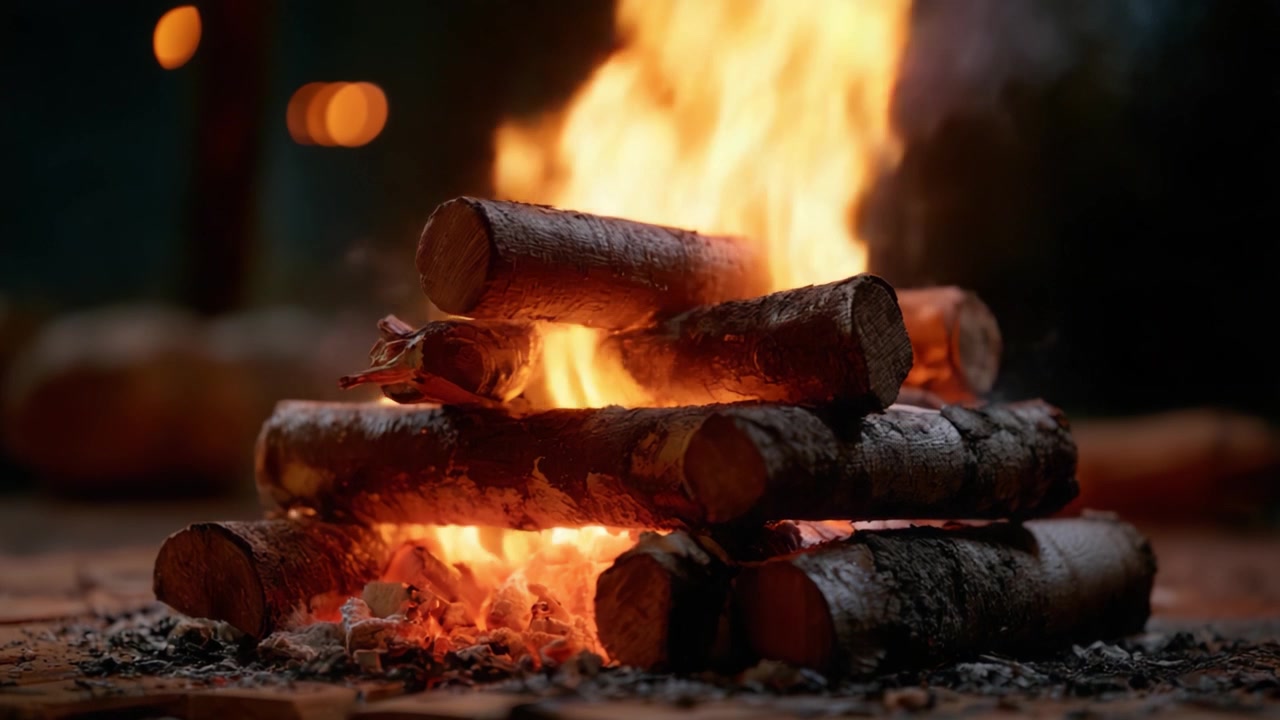 Fængslende lejrbålsflammer: En varm glød oplyser stablede træstammer og skaber en hyggelig atmosfære, perfekt til udendørs sammenkomster og intime øjeblikke.