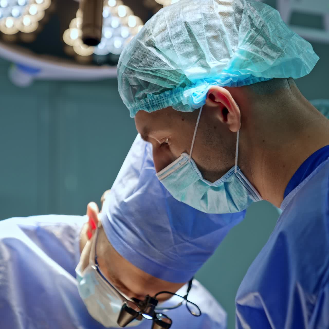 Group of experienced surgeons perform neurosurgical operation. Doctors cooperate at surgical room