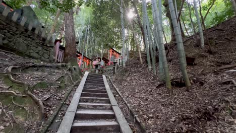 slow motion walking up stairs at the temple in fushimi inari taisha in japan