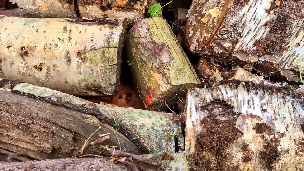 Old Pile Of Logs With Weathered Barks. Zoom In Shot