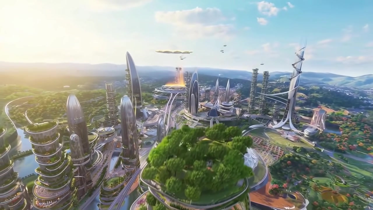 Aerial View of a Futuristic Eco-Friendly City with Advanced Architecture