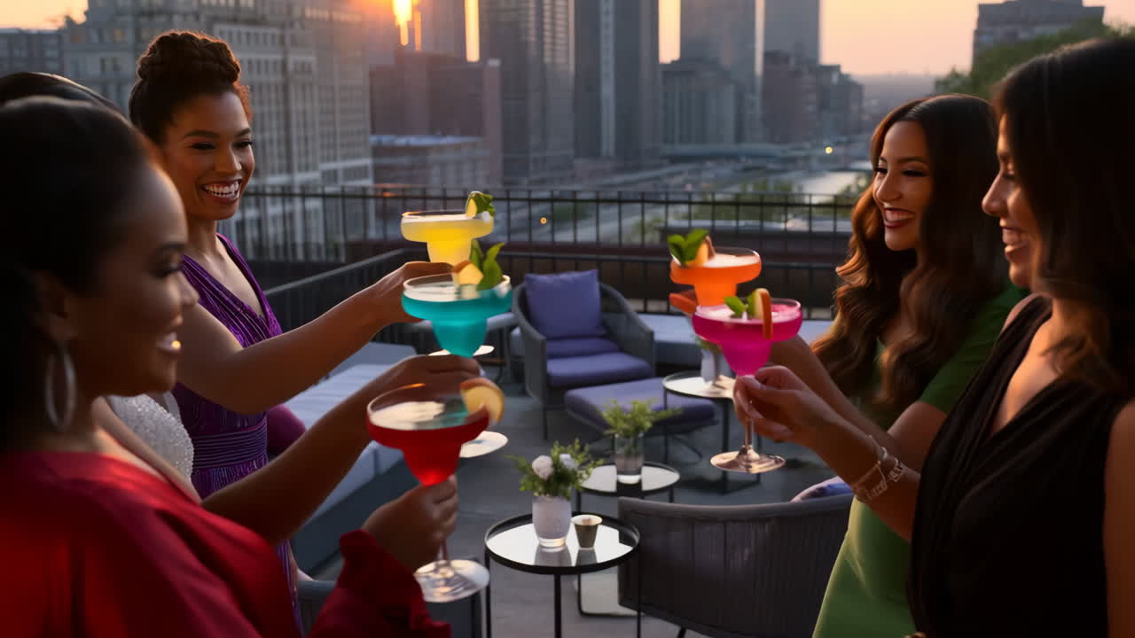 Friends celebrating with cocktails on a rooftop