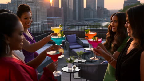 friends celebrating with cocktails on a rooftop