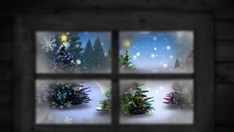 Animation-Von-Schnee,-Der-über-Weihnachtsbäume-Fällt,-Und-Einer-Winterlandschaft,-Die-Durch-Das-Fenster-Gesehen-Wird