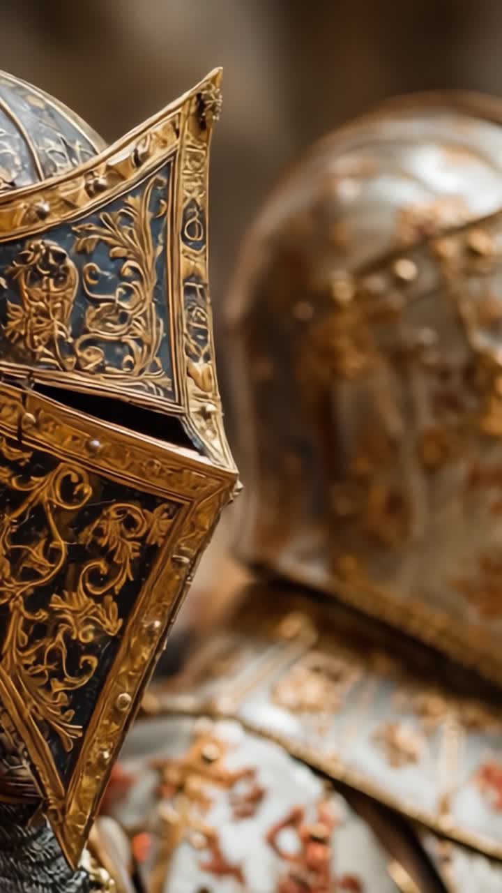 Armatura medievale ornata: un primo piano di elmi elaborati che mostrano disegni intricati e una dettagliata lavorazione metallica di epoca storica.