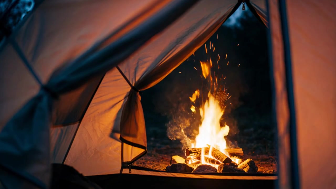 Scintille che si alzano dai ceppi che alimentano il fuoco in un focolare di pietra, inviando braci nella tenda e riscaldando l'accampamento.