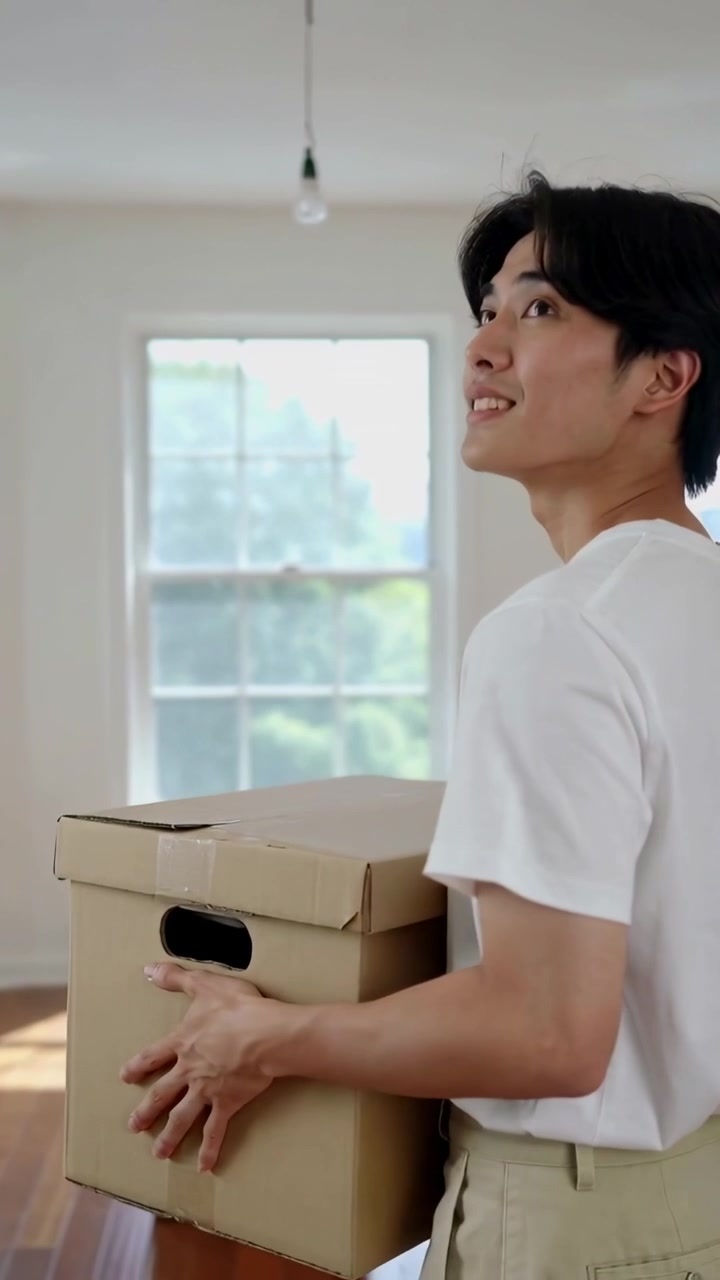 Vertical video: Holding box, man in white tee beige pants entering empty sunlit room, moving in