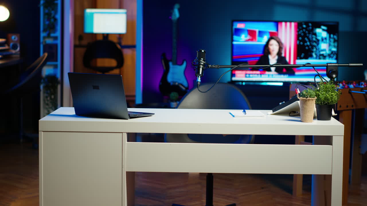 Apartment filled with content creation equipment, panning shot