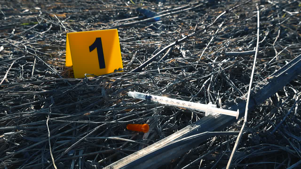 Indicatore di prova della polizia numero uno posizionato accanto a una siringa usata trovata in un campo, che indica una potenziale scena del crimine o un'area di uso illecito di droghe per indagini forensi