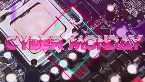 Cyber-monday-text-on-neon-banner-against-close-up-of-microprocessor-connections-on-motherboard