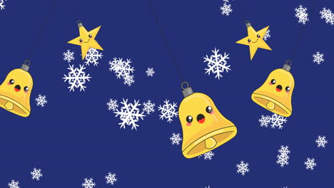 animation of snow, stars and bells falling on navy background