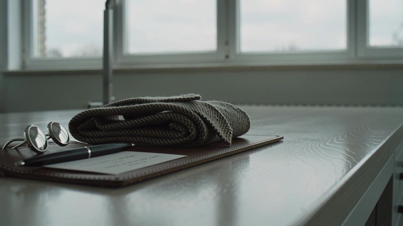 Starting camera push closing in on tabletop near window, showing folded grey scarf, glasses, folio