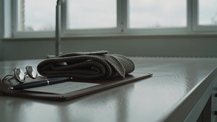 Starting camera push closing in on tabletop near window, showing folded grey scarf, glasses, folio