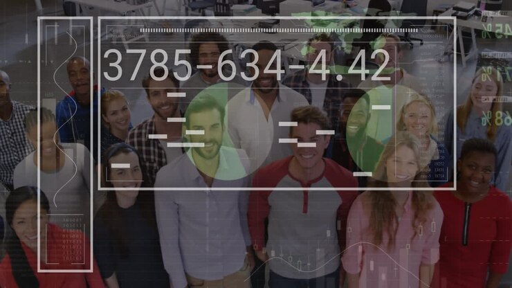 Animation of data processing over diverse business people in office