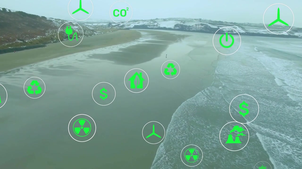 Drone forward motion sending translucent green icons drifting over beach, visualizing CO2 energy