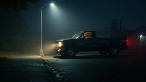 a mysterious atmosphere unfolds in a dimly lit street as a pickup truck and a passing car share the nightly fog, under the glow of a streetlamp that illuminates the scene