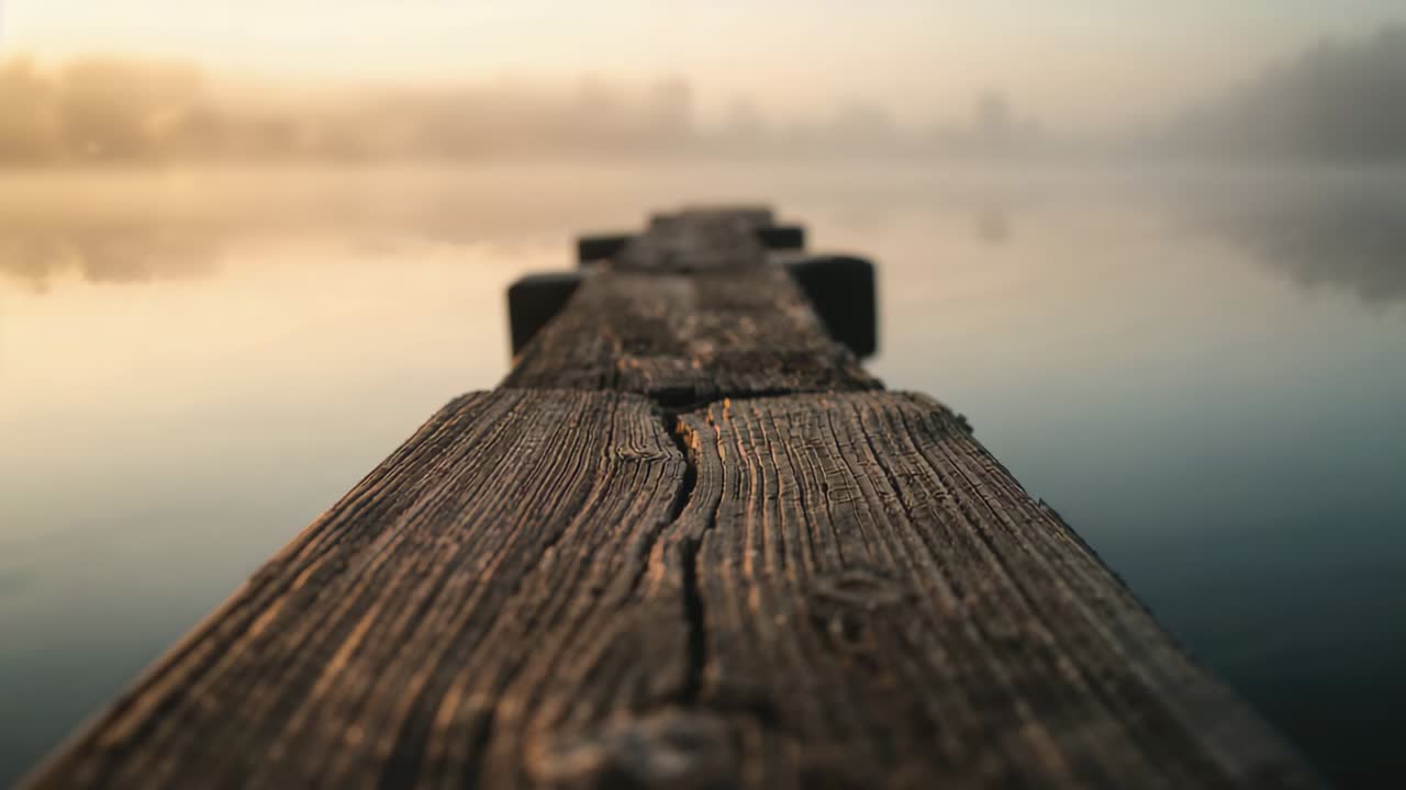 Starting slow camera move, camera sliding along weathered jetty planks at lake, revealing grain