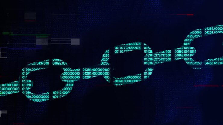 Animation of chain, computer data processing over binary coding