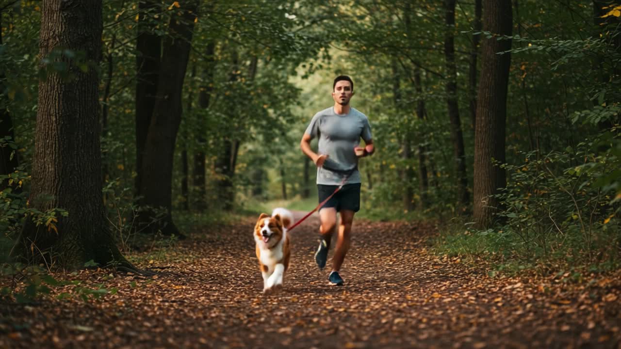 Uomo che fa jogging con il suo cane in un bosco