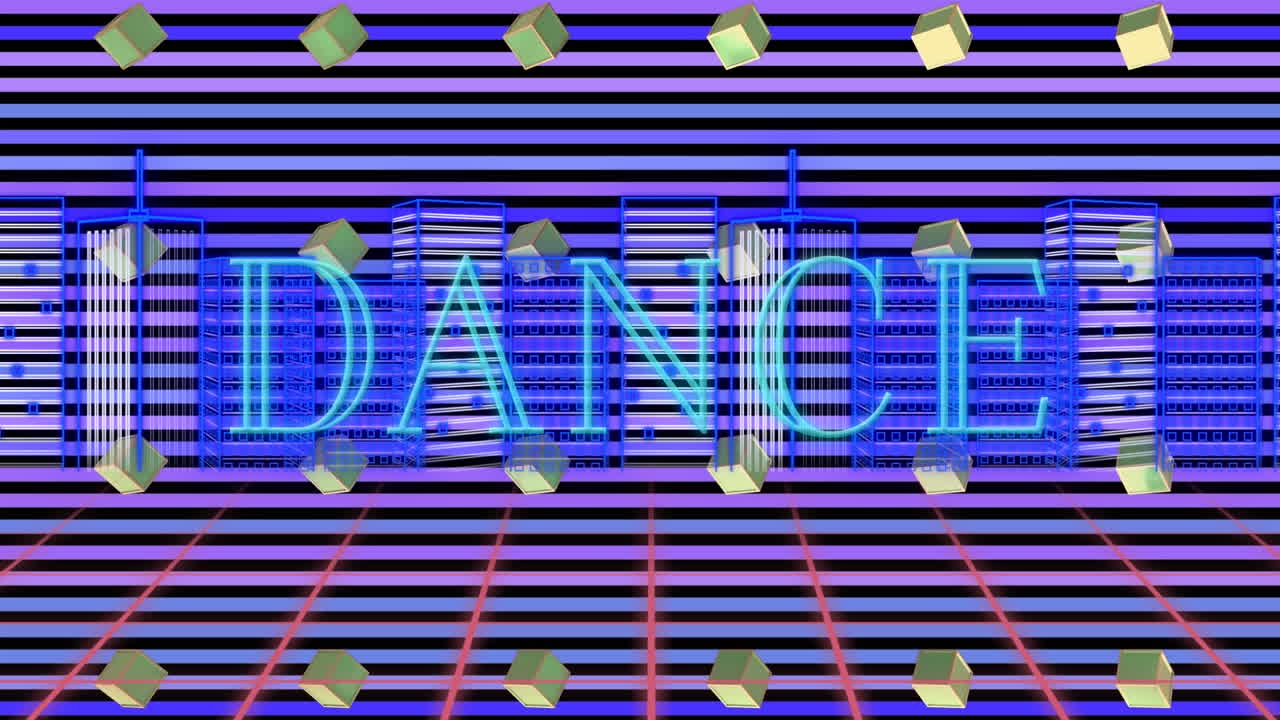 animación digital de texto azul de baile parpadeando con cubos rotativos gráficos sobre un fondo a rayas