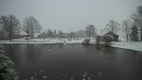 a full year-long time lapse starting in winter and transiting through all four seasons with a lake in the foreground and a cottage farm in the background