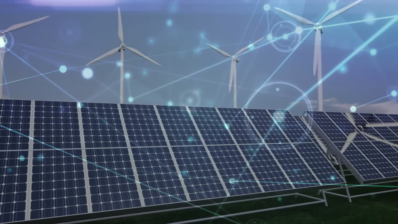 Solar panel array being visualized in scene, with wind turbines and smart grid overlay