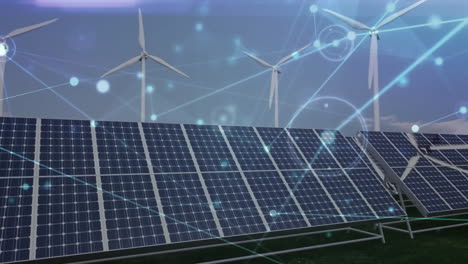 solar panel array being visualized in scene, with wind turbines and smart grid overlay