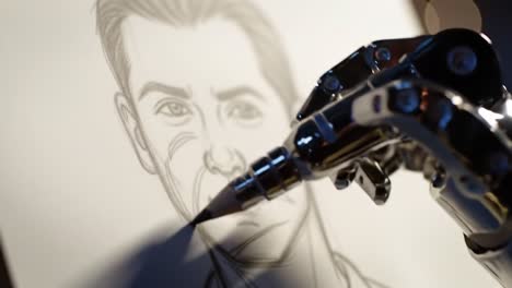 a futuristic robot arm skillfully drawing a detailed portrait, showcasing the blend of technology and artistry in a captivating creative process