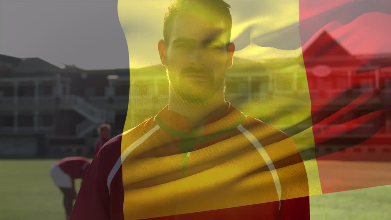 animación de la bandera de bélgica sobre varios jugadores de rugby en el estadio