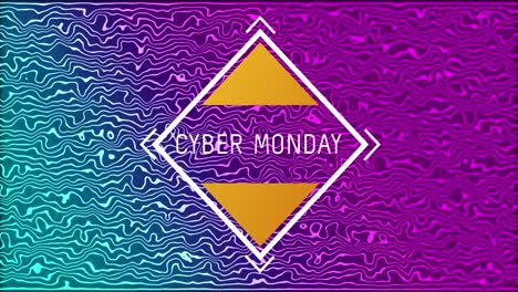 Animation-of-cyber-monday-text-in-diamond-shape-frame-over-glowing-purple-to-blue-lines