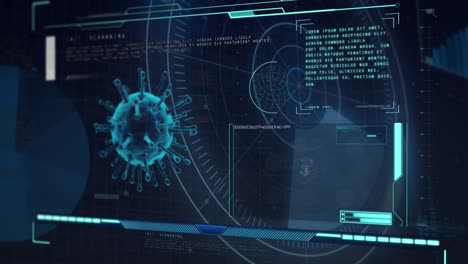 animation of virus and scientific data processing over blue background
