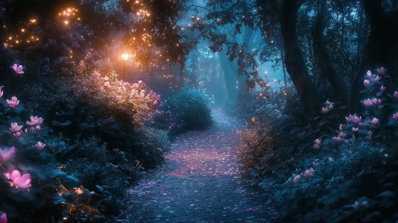 A magical forest scene with glowing lights and flowers, captured from a low-angle