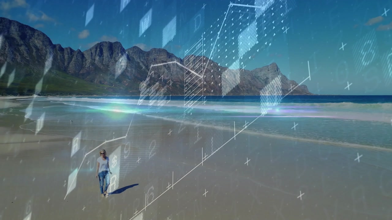 With charts floating across sandy beach, woman walking left shielding eyes visualizing data