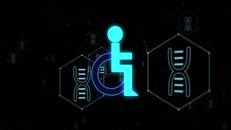 Animation-of-network-of-medical-icons-with-dna-and-data-processing