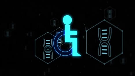 animation of network of medical icons with dna and data processing