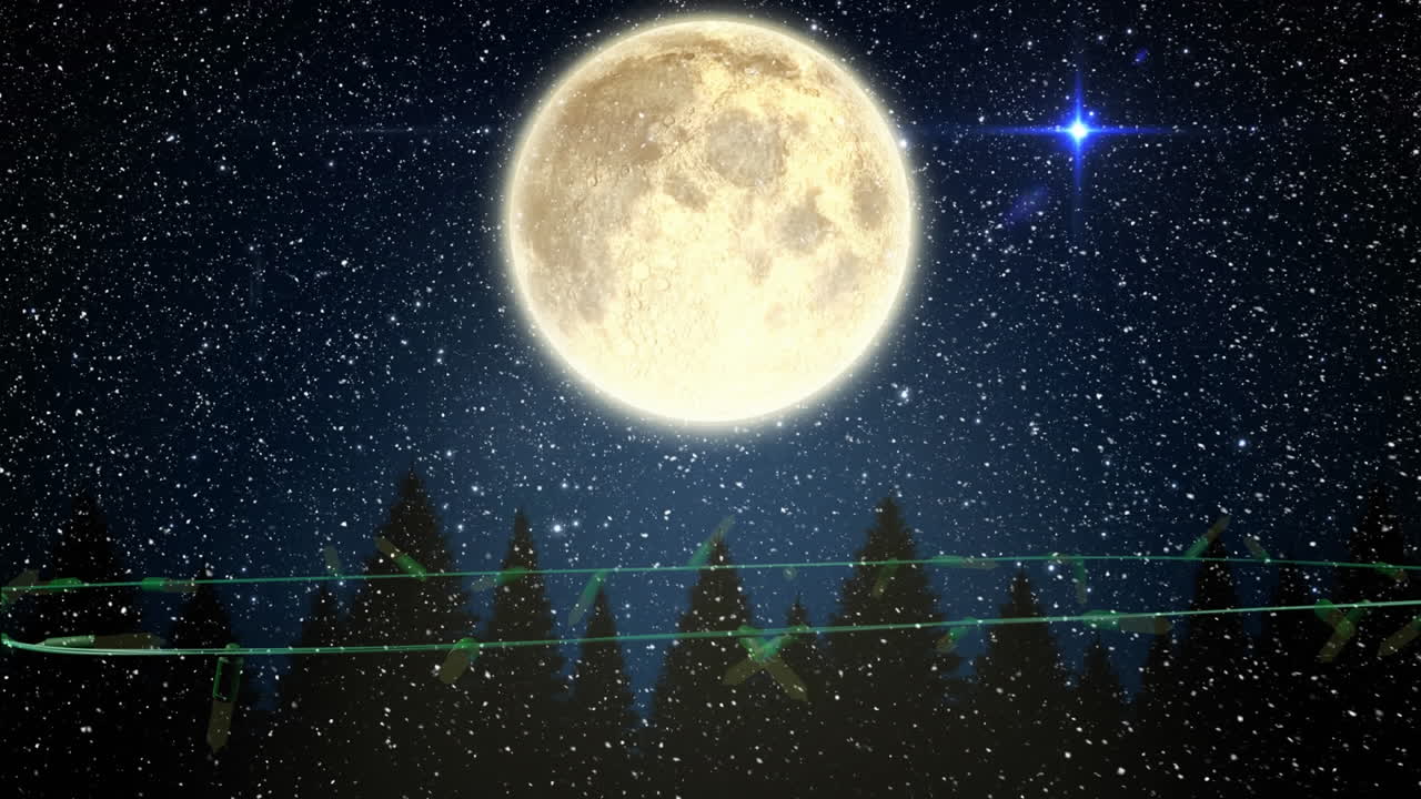 Yellow christmas string lights flashing over trees and full moon in night sky