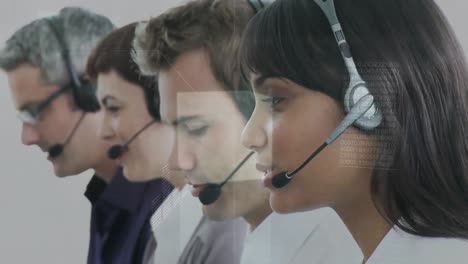 Animation-of-financial-data-processing-over-business-people-wearing-headsets