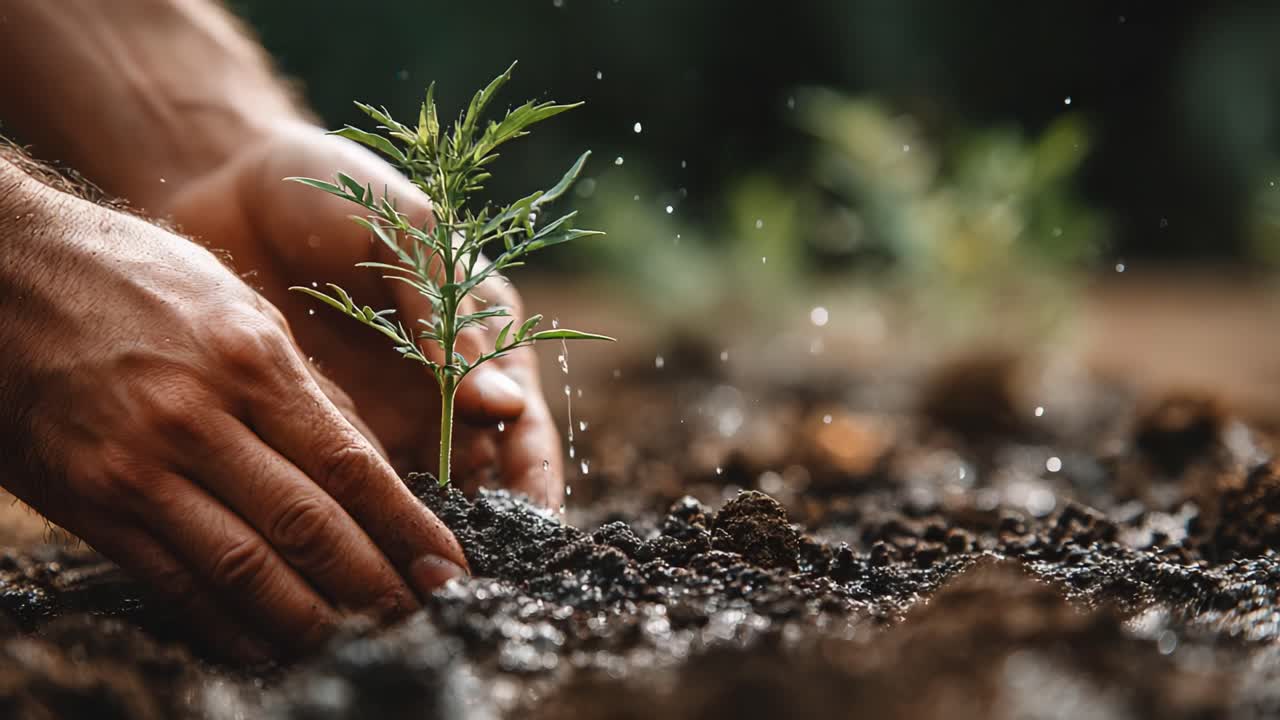 Hands Nurturing Seedling in Soil, Representing Growth and Sustainability in Nature's Cycle of Life and the Importance of Caring for Our Environment